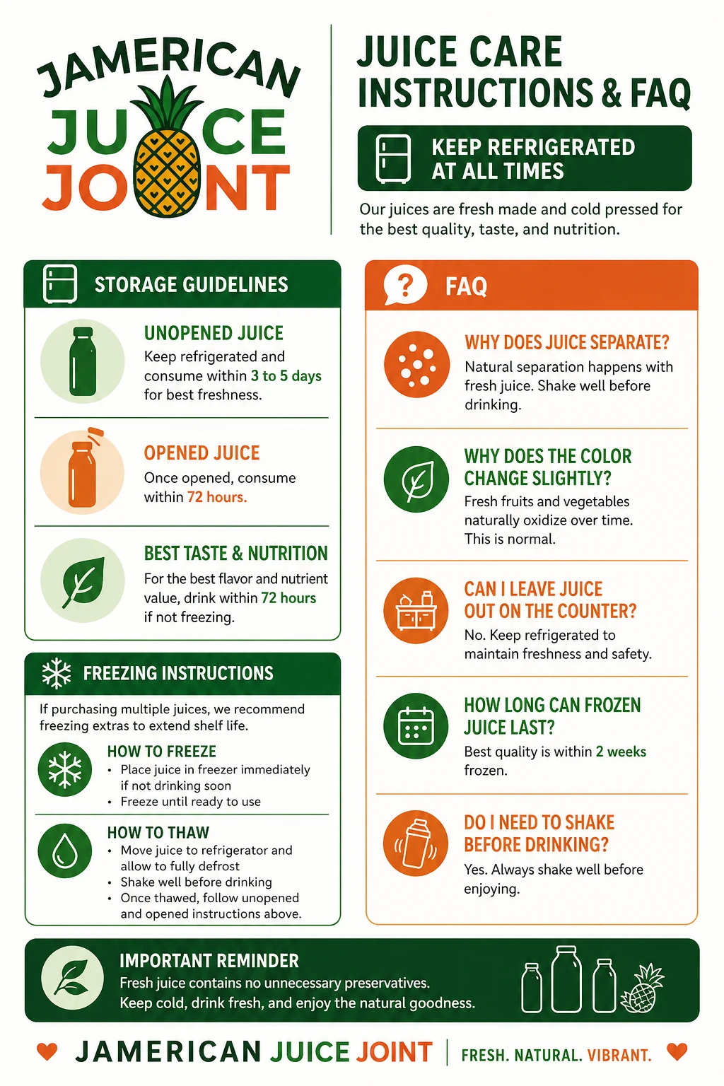 Jamerican Juice Joint juice care instructions and FAQ: storage guidelines, freezing instructions, and why juice separates