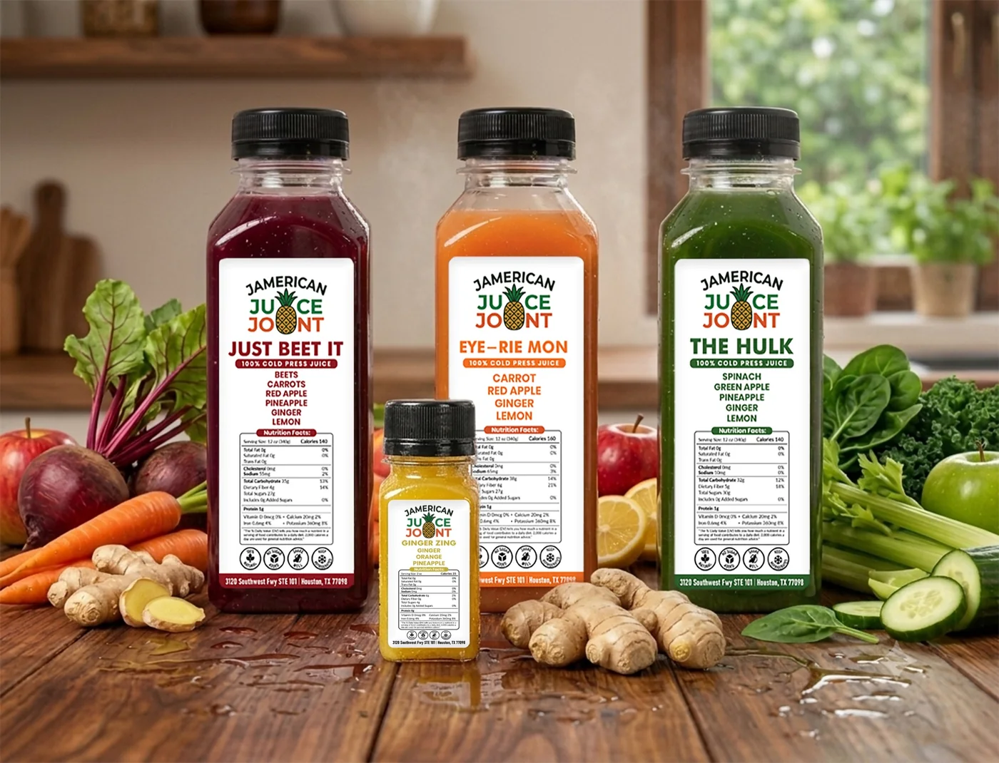 La La Breeze Bundle with three juices, Ginger Zing shot and fresh ingredients