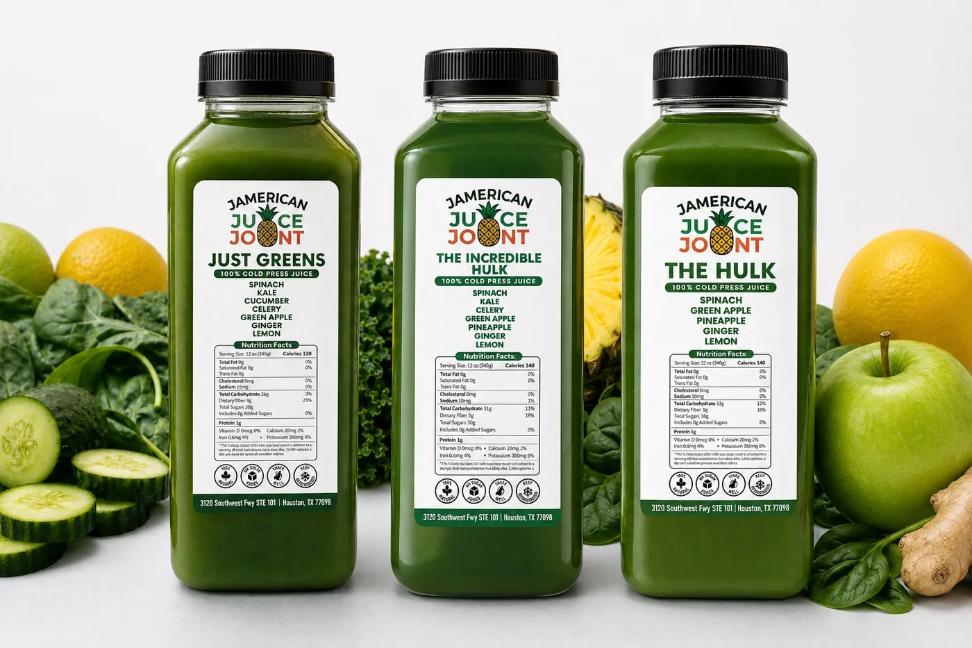 Lagniappe Pack green juice selection with fresh ingredients and updated labeling