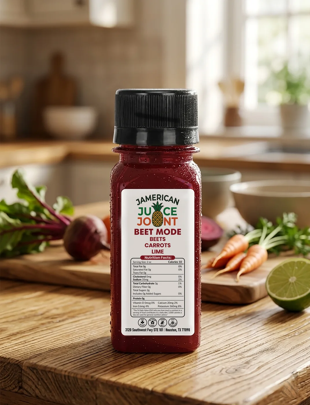 Beet Mode wellness shot in color with fresh ingredients
