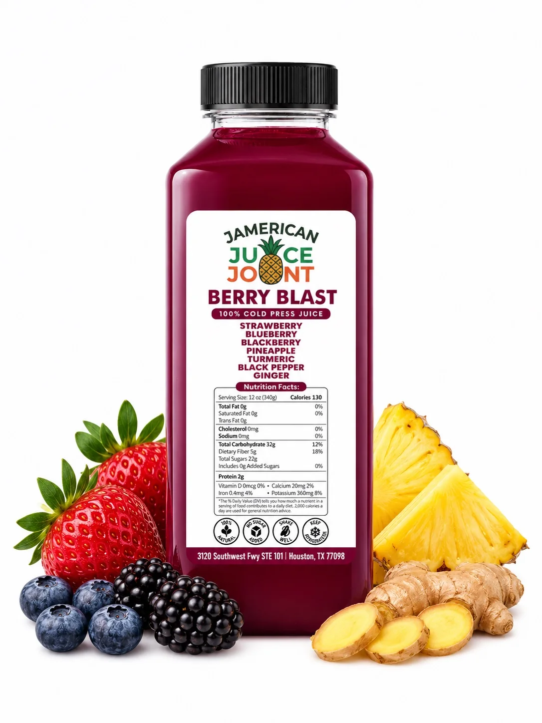 Berry Blast juice with strawberries, blueberries, blackberries, pineapple, ginger and updated labeling