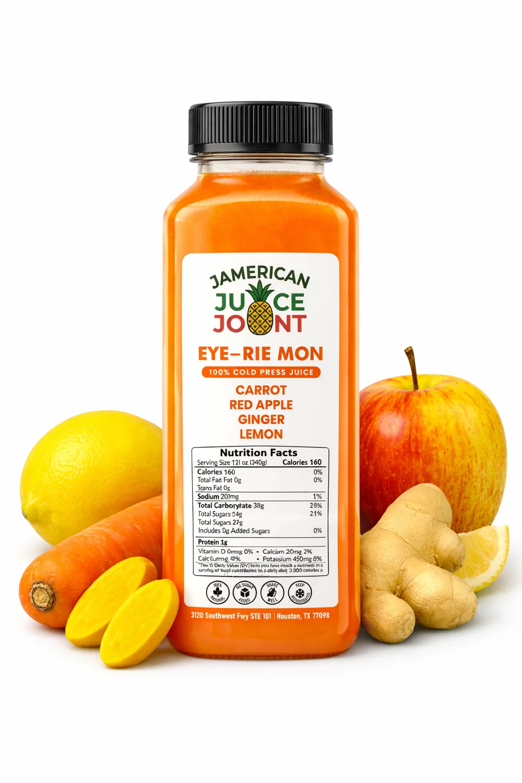 Eye-Rie Mon juice with fresh fruit and updated labeling