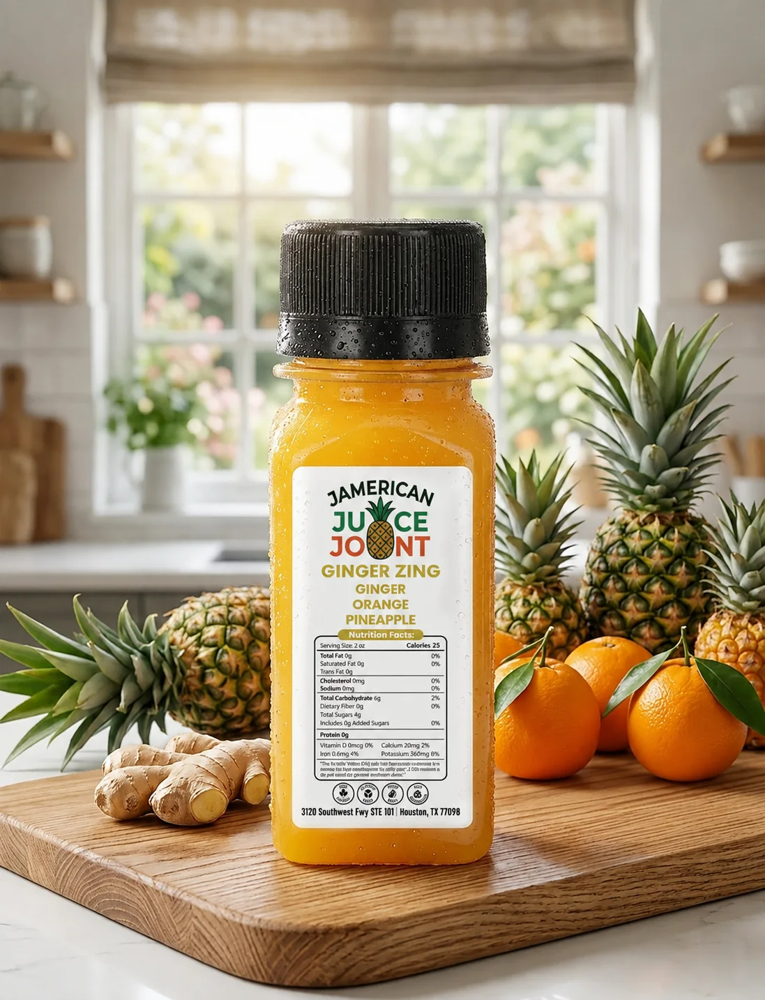 Ginger Zing wellness shot in color with fresh ingredients