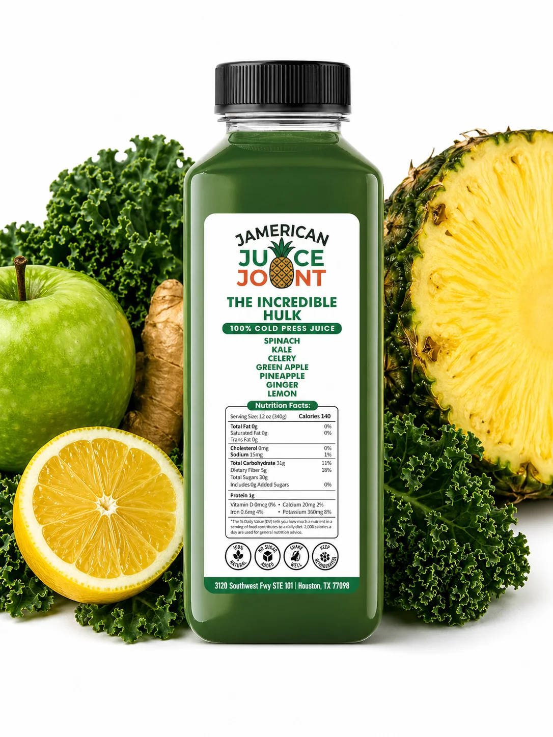 The Incredible Hulk juice with fresh produce and updated labeling