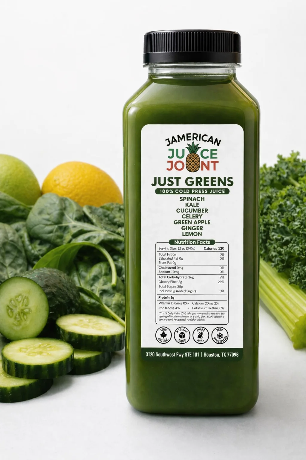 Just Greens juice with fresh green produce and updated labeling
