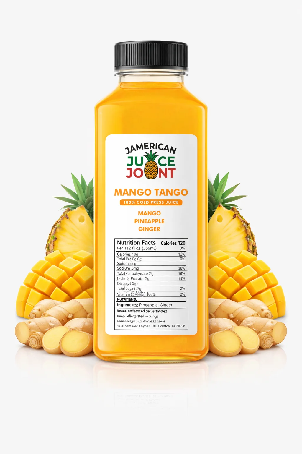 Mango Tango juice with fresh mango and updated labeling