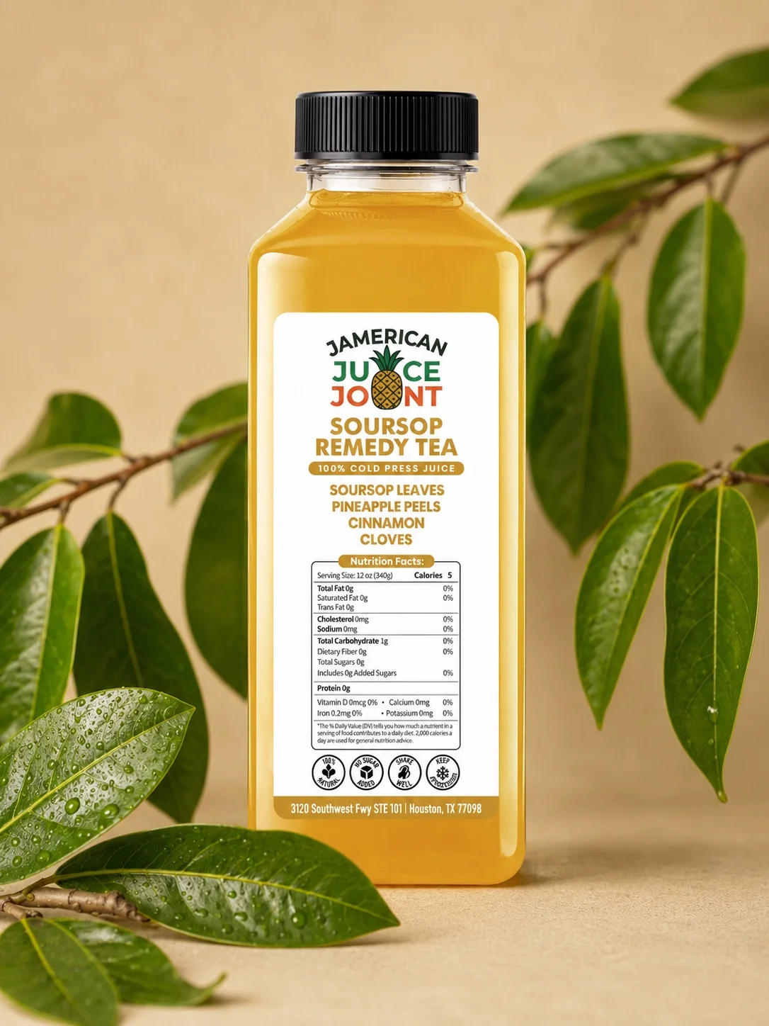 Soursop Remedy Tea bottle with soursop leaves and approved 5-calorie label