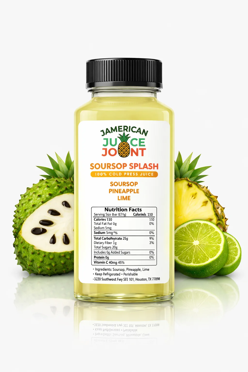 Soursop Splash juice with fresh fruit and updated labeling