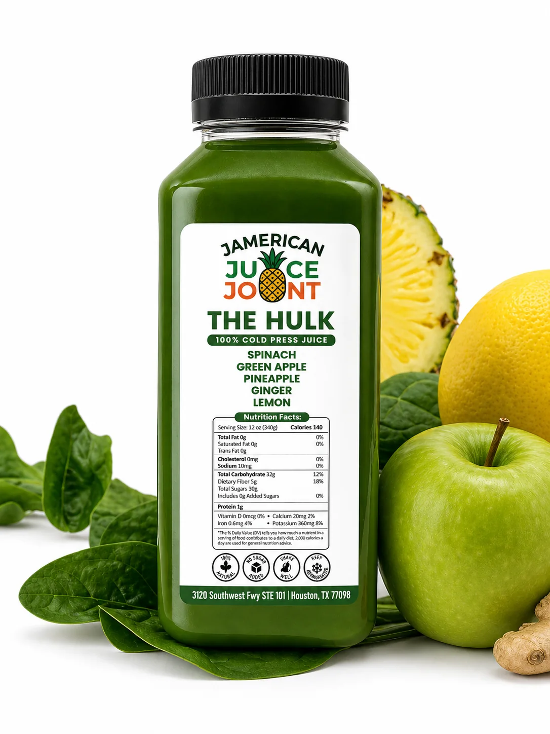 The Hulk juice with fresh fruit and vegetables and updated labeling
