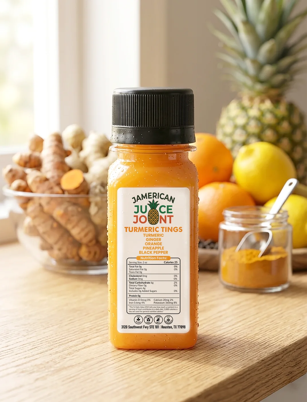 Turmeric Tings wellness shot in color with fresh ingredients