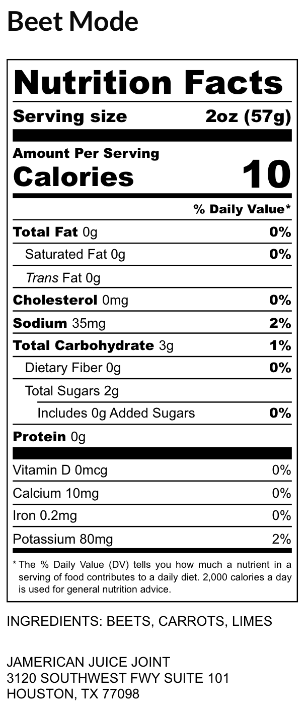 Beet Mode label, ingredients and nutrition facts
