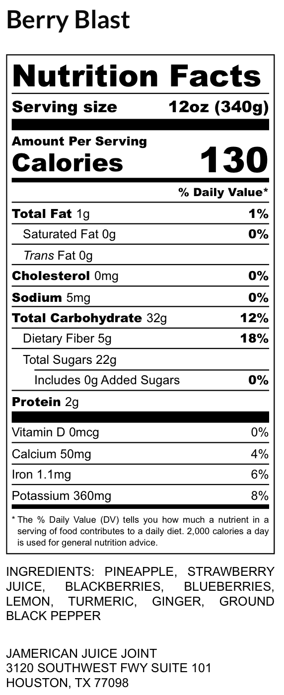 Berry Blast label, ingredients and nutrition facts