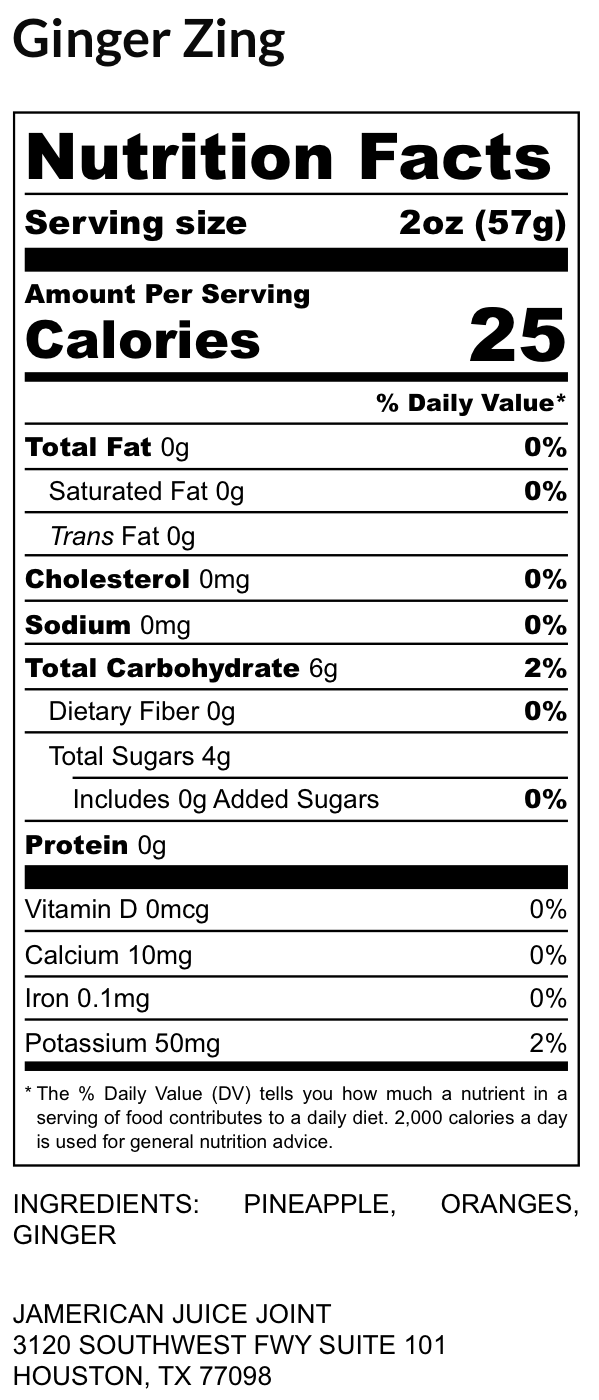 Ginger Zing label, ingredients and nutrition facts