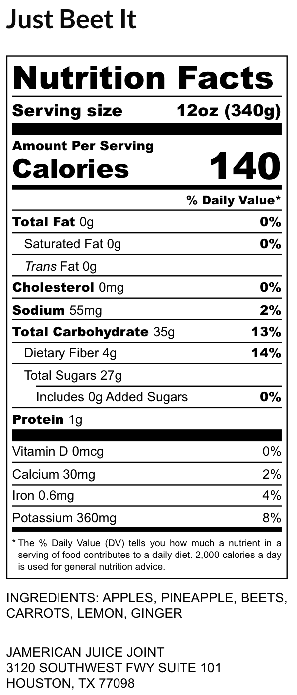 Just Beet It label, ingredients and nutrition facts