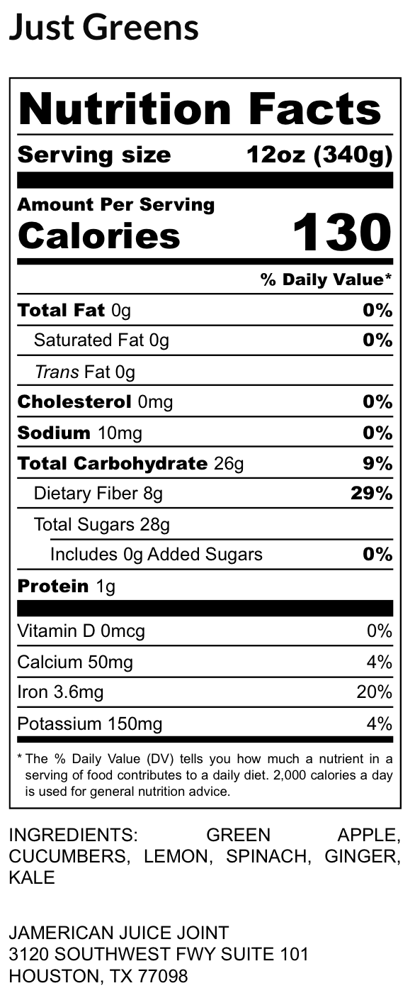 Just Greens label, ingredients and nutrition facts
