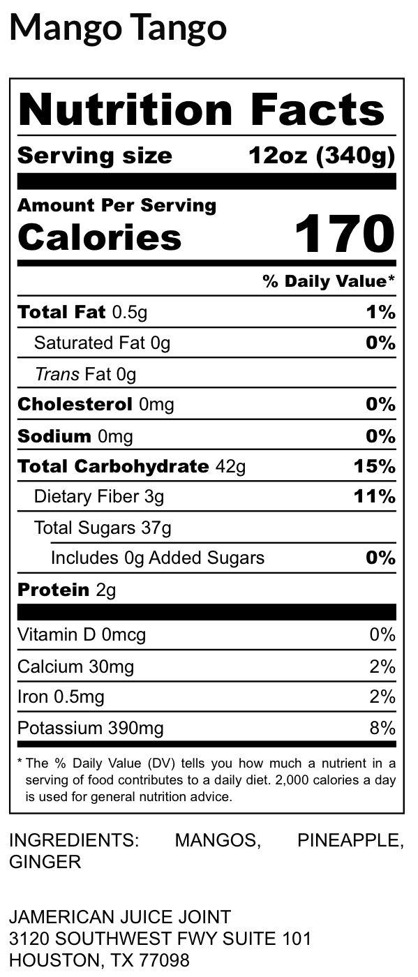 Mango Tango label, ingredients and nutrition facts