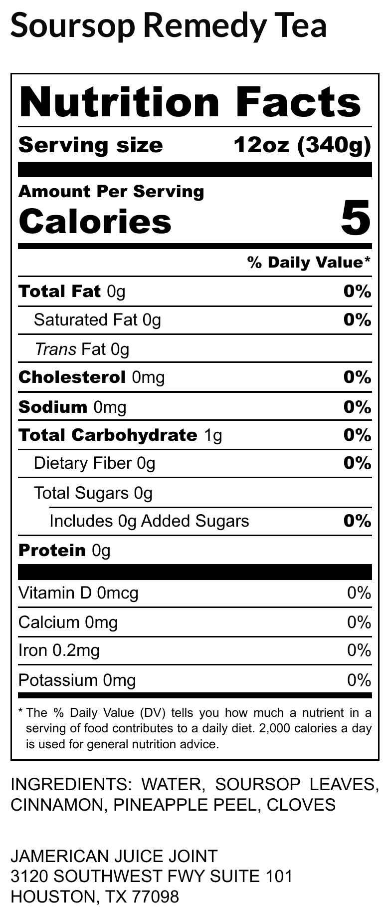 Soursop Remedy Tea label, ingredients and nutrition facts