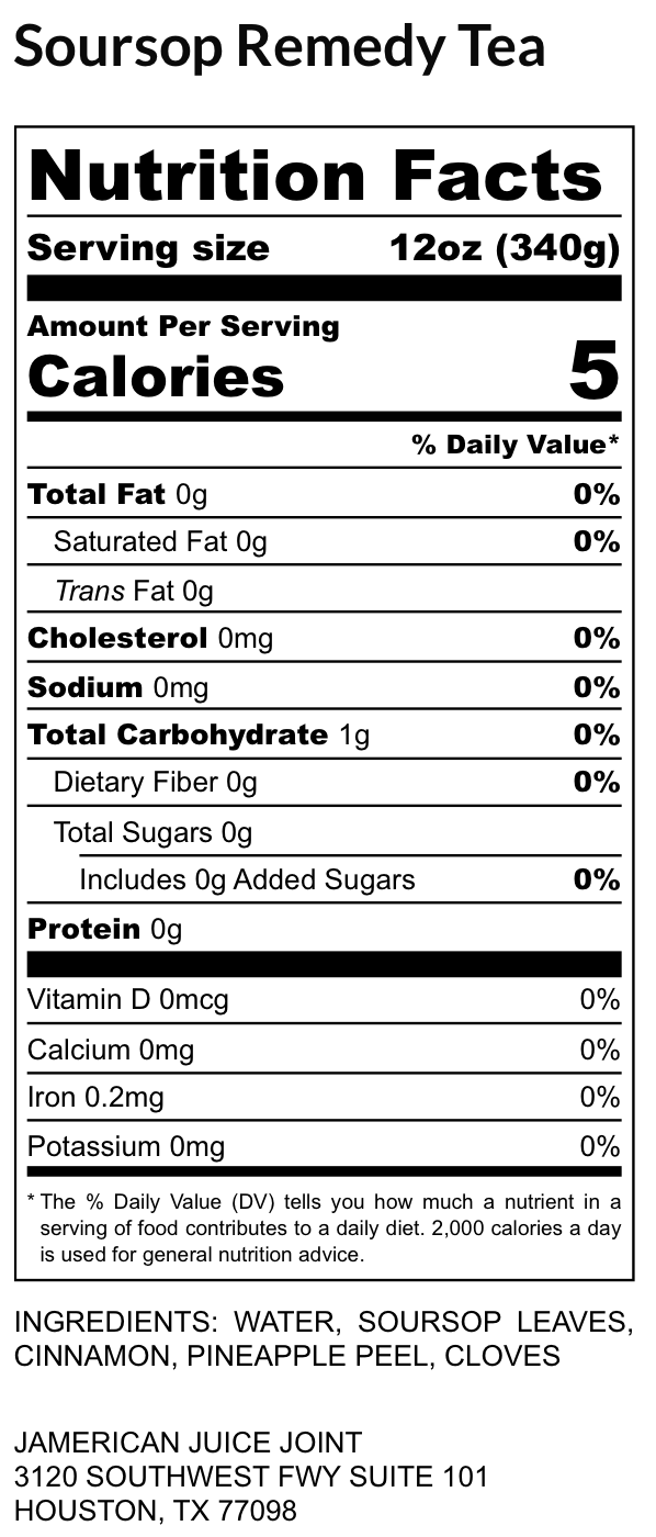Soursop Remedy Tea label, ingredients and nutrition facts