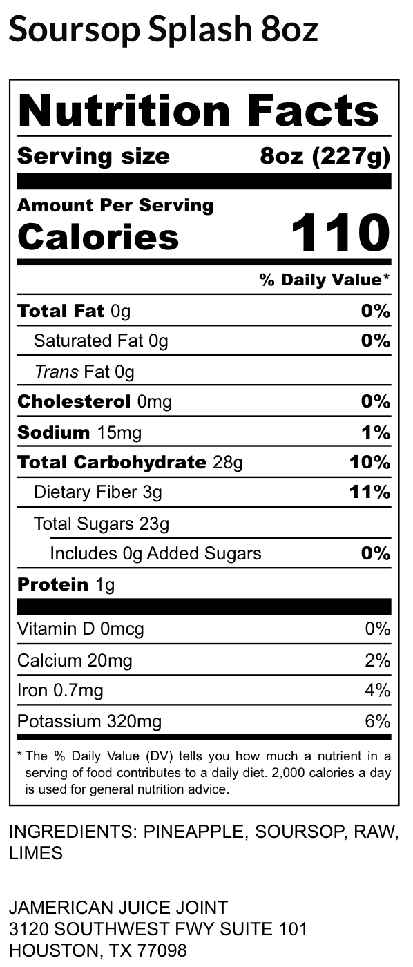 Soursop Splash label, ingredients and nutrition facts