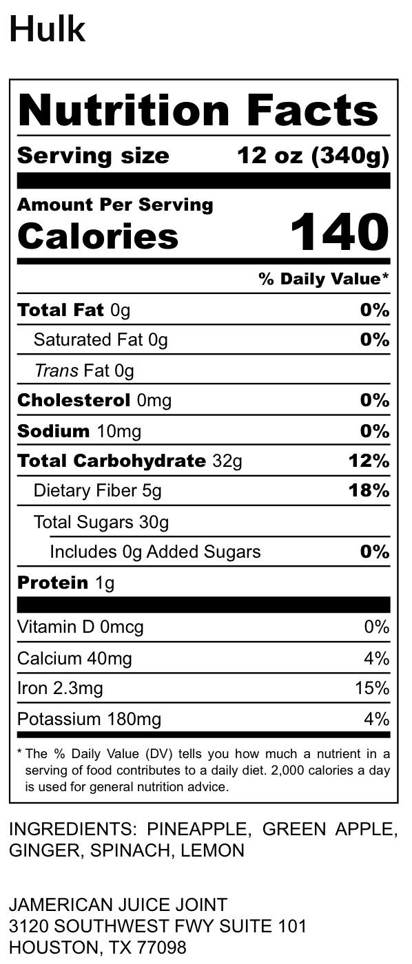 The Hulk label, ingredients and nutrition facts