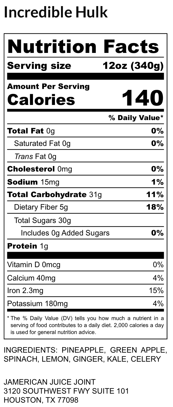 The Incredible Hulk label, ingredients and nutrition facts