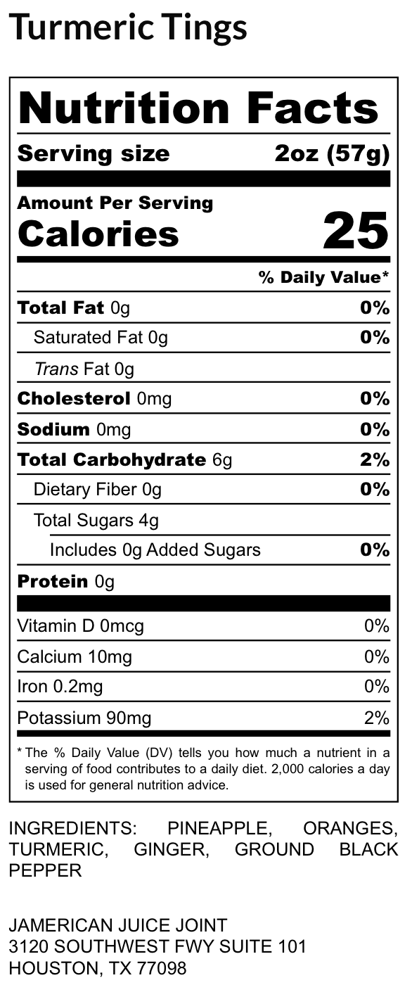 Turmeric Tings label, ingredients and nutrition facts