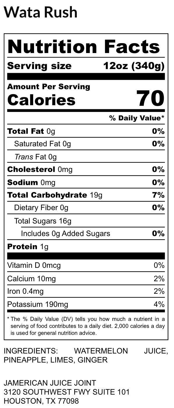 Wata Rush label, ingredients and nutrition facts